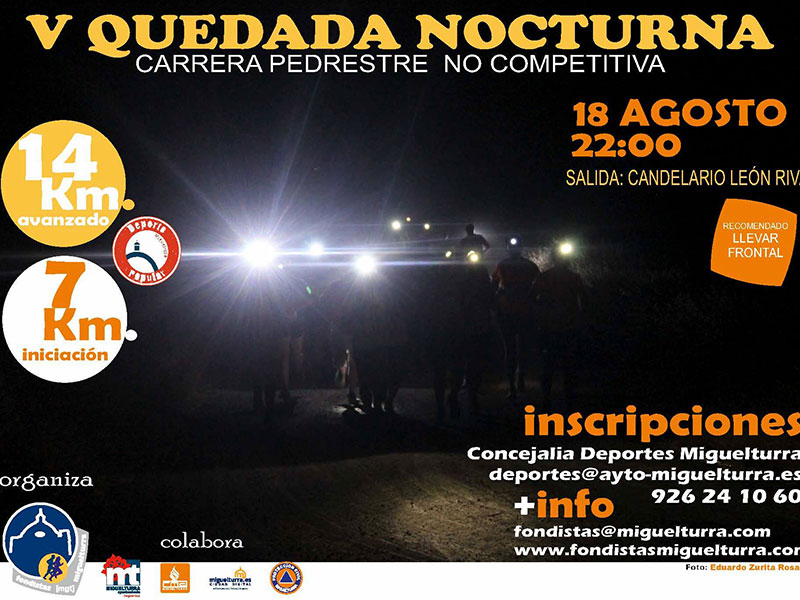 La noche del viernes 18 de agosto Miguelturra vivirá una nueva edición de la carrera pedestre no competitiva «Quedada Nocturna»
