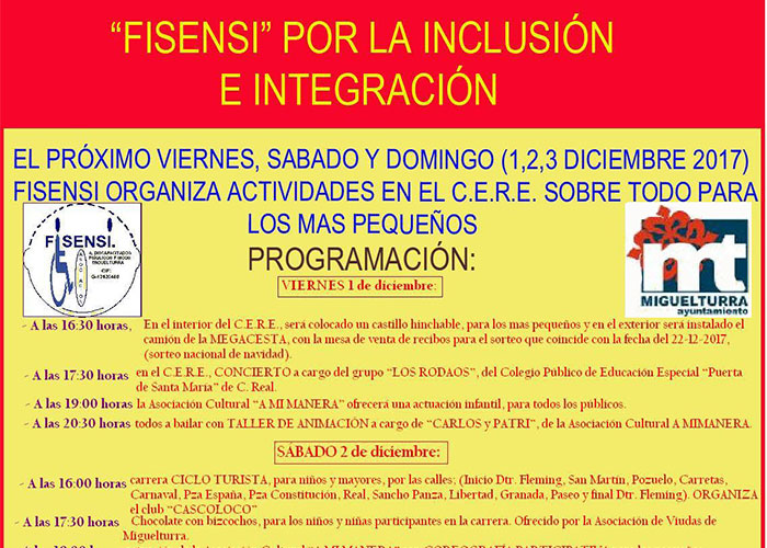 «Fisensi», en colaboración con el Ayuntamiento, organiza actividades del viernes 1 al domingo 3 con motivo del Día Internacional de personas con discapacidad