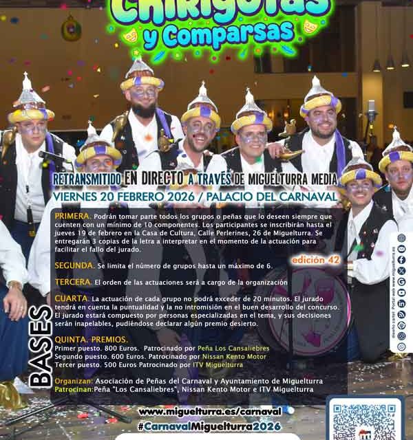 Miguelturra convoca la 42ª edición de su emblemático Concurso de Chirigotas y Comparsas para el Carnaval 2026